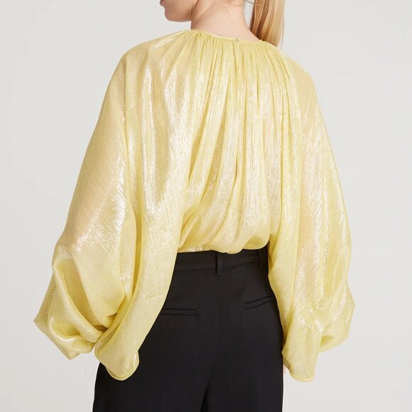 Halston Violet Lurex Chiffon Bodysuit 2 Flaxen Gold Metallic Balloon Sleeve 70s - Picture 2 of 7